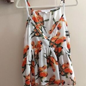 Curations Tropical Bird Orange Parrot Flowy V Neck Tunic Top Sz L